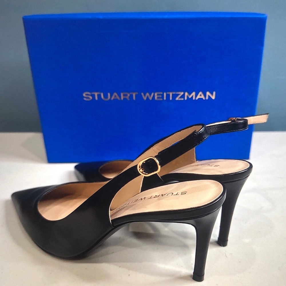 Stuart Weitzman Black Leather Pointed Slingback Pumps - Picture 4 of 5